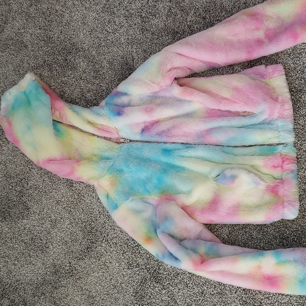 Girls faux fur pastel rainbow jacket size M fits size 10